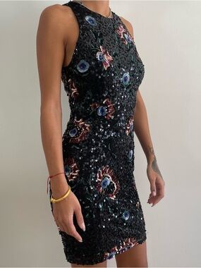 French Connection Black Sequin Midi Dress with Multicolor Floral Embroidery